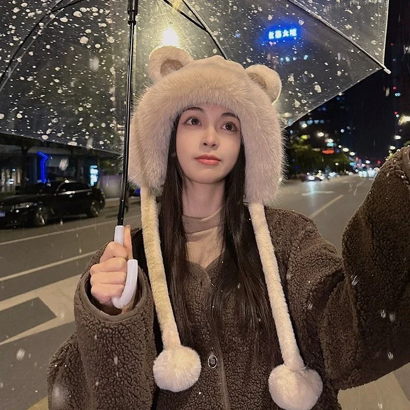Cute Beanies Bear Ear Hat,Adorable Warm Plush Ear Protector Cap,Polyester Casual Elegant Knitted Head Caps for Autumn and Winter