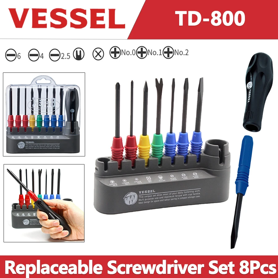 

Набор отверток VESSEL TD-800, 8 шт., многофункциональные сменные биты, крестовая и шлицевая отвертка, бытовой ремонт, ручные инструменты