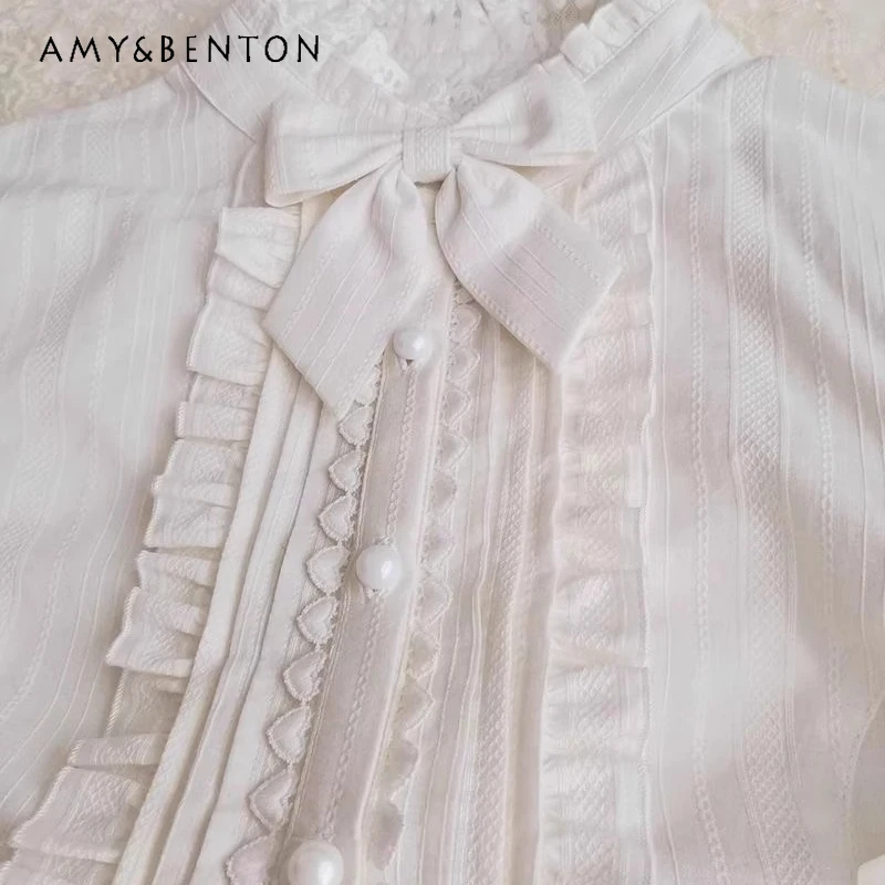 

Winter New White Lolita Women's Shirt French Design Hot Girl Half High Collar Versatile Sweet Cool Long Sleeve Shirts Ladies