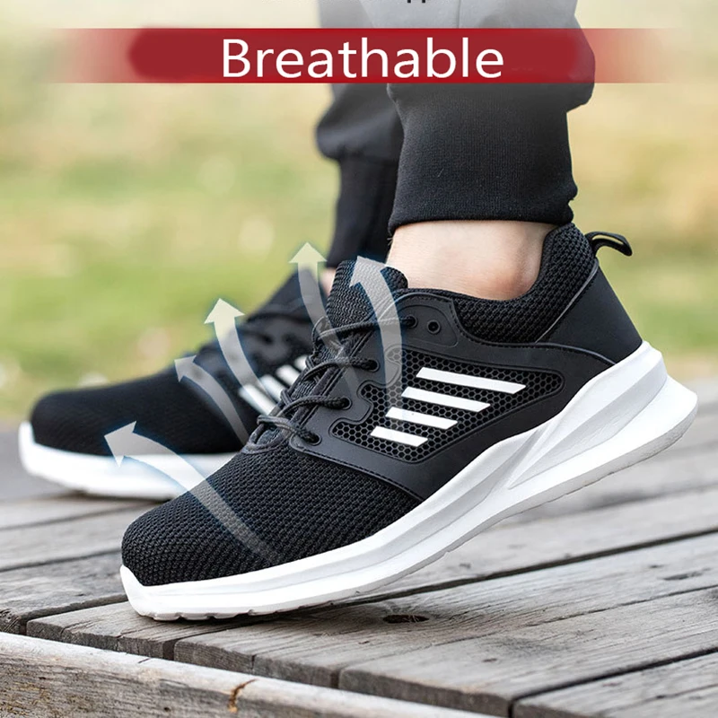 Men Work Safety Shoes Lightweight Indestructible Work Sneakers Security Steel Toe Shoes Safety Protective Women Boots Black