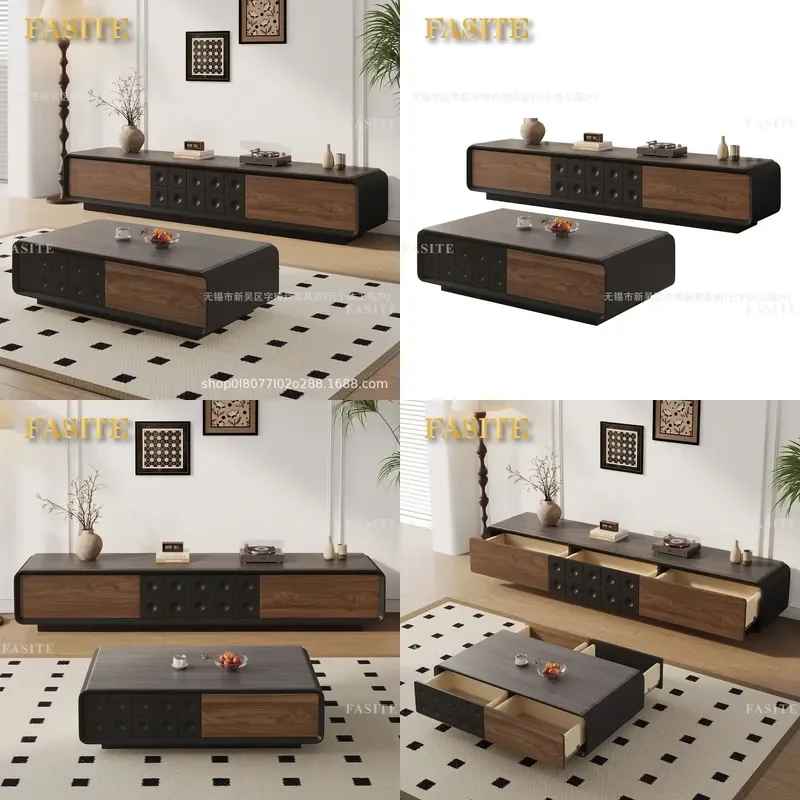 For French Solid Wood TV Cabinet Coffee Table Combo Set Living Room Home Retro Floor Standing Medium Antique Style Complete
