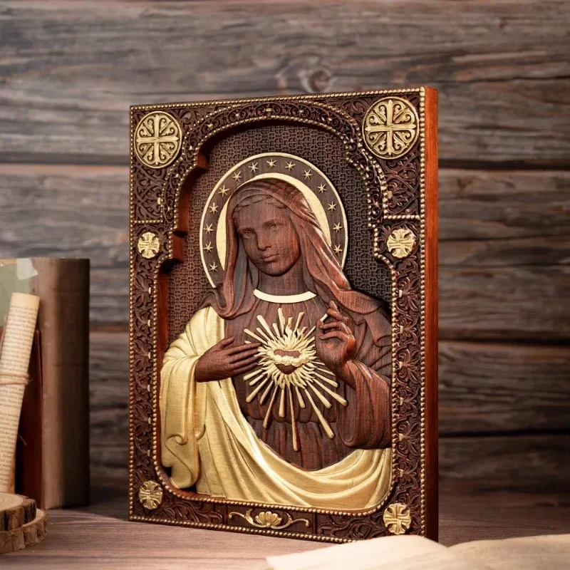 Virgin Mary Sacred Heart Wood Sculpture Perfect Heart  Catholic Saint Image, Religious Church, Christian Gift, Home Decoration