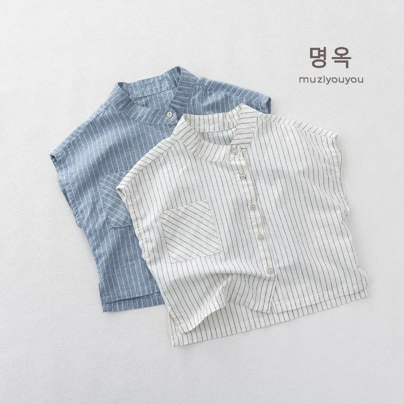 Childrens Striped Stand Up Collar Top 2026 New Style Sleeveless Shirt for Boys and Girls Breathable and Versatile
