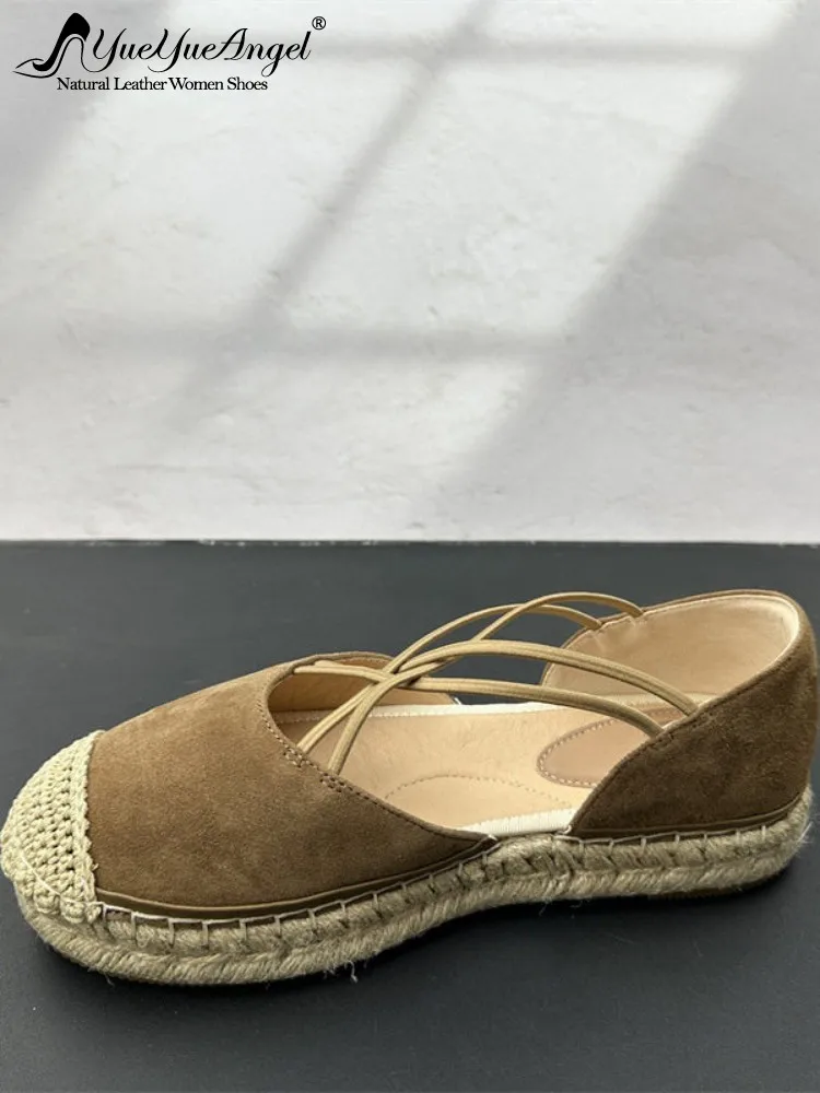 Women New Summer Vintage Fisherman Sandal Slip On Round Toe Sheepskin Genuine Leather Shoes Breathable Casual Straw Flat Sandals