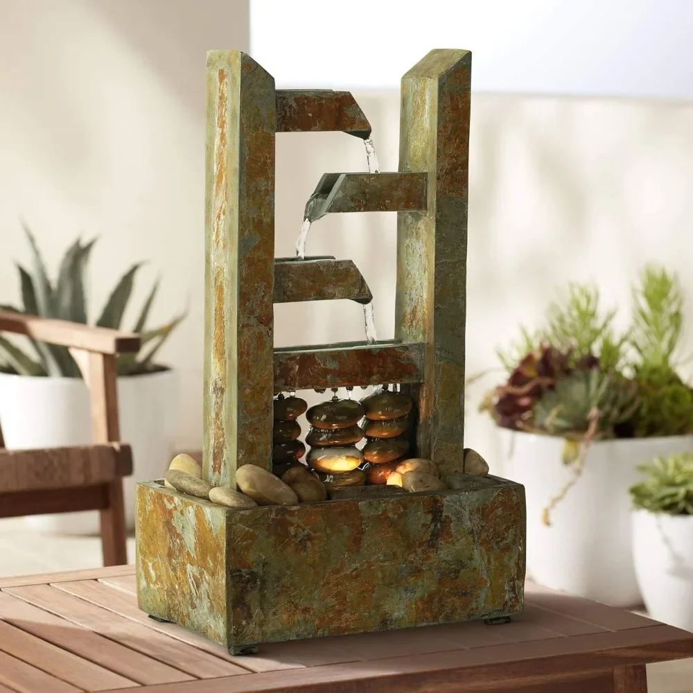 Zigzag Modern Zen Cascading Indoor Tabletop Water Fountain with Light Natural Slate Stone River Rock 17 1/4