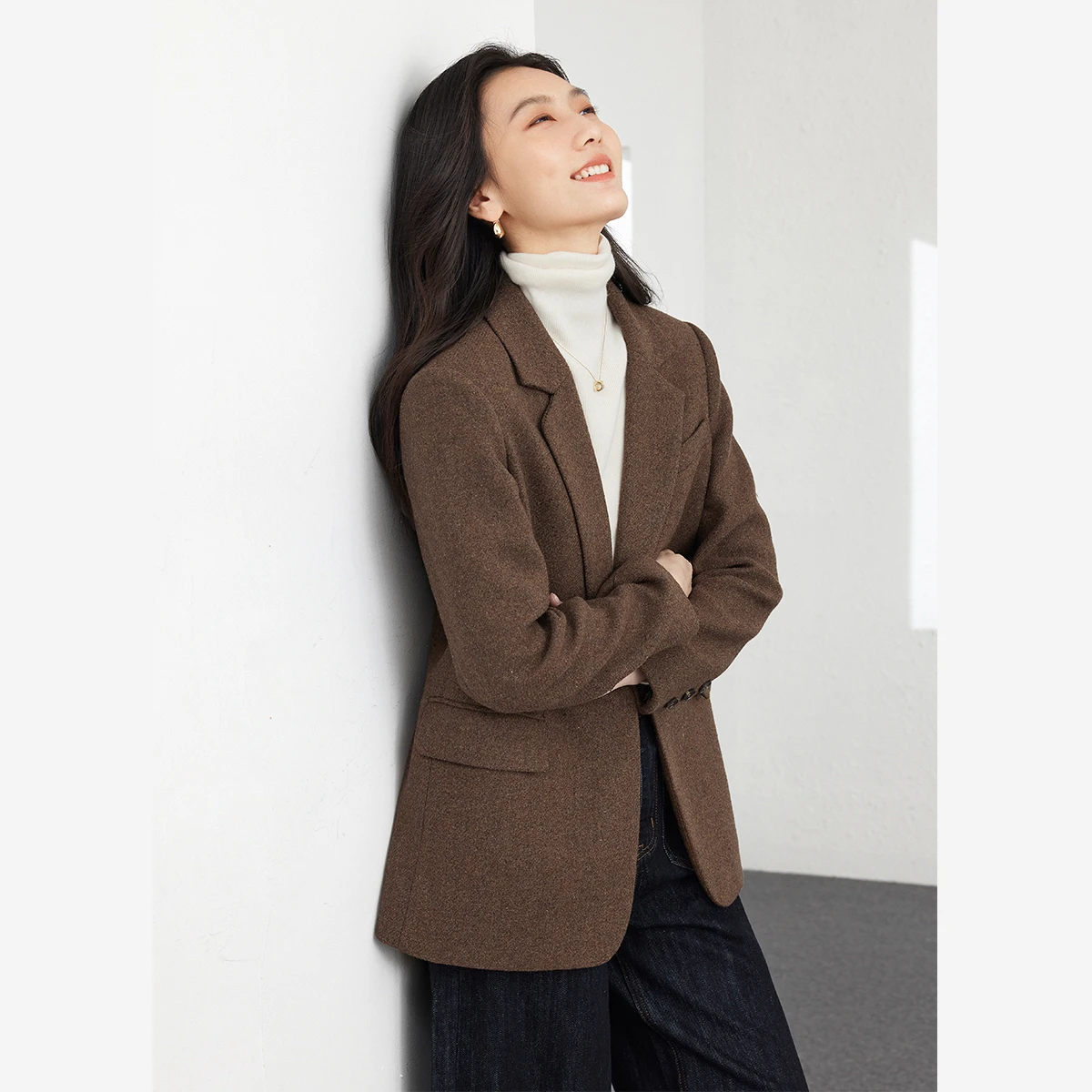 VIMLY سترة قهوة نسائية أنيقة شتاء 2025 معطف نسائي مبطن سميك من مزيج الصوف بأكمام طويلة سترة نسائية M9270