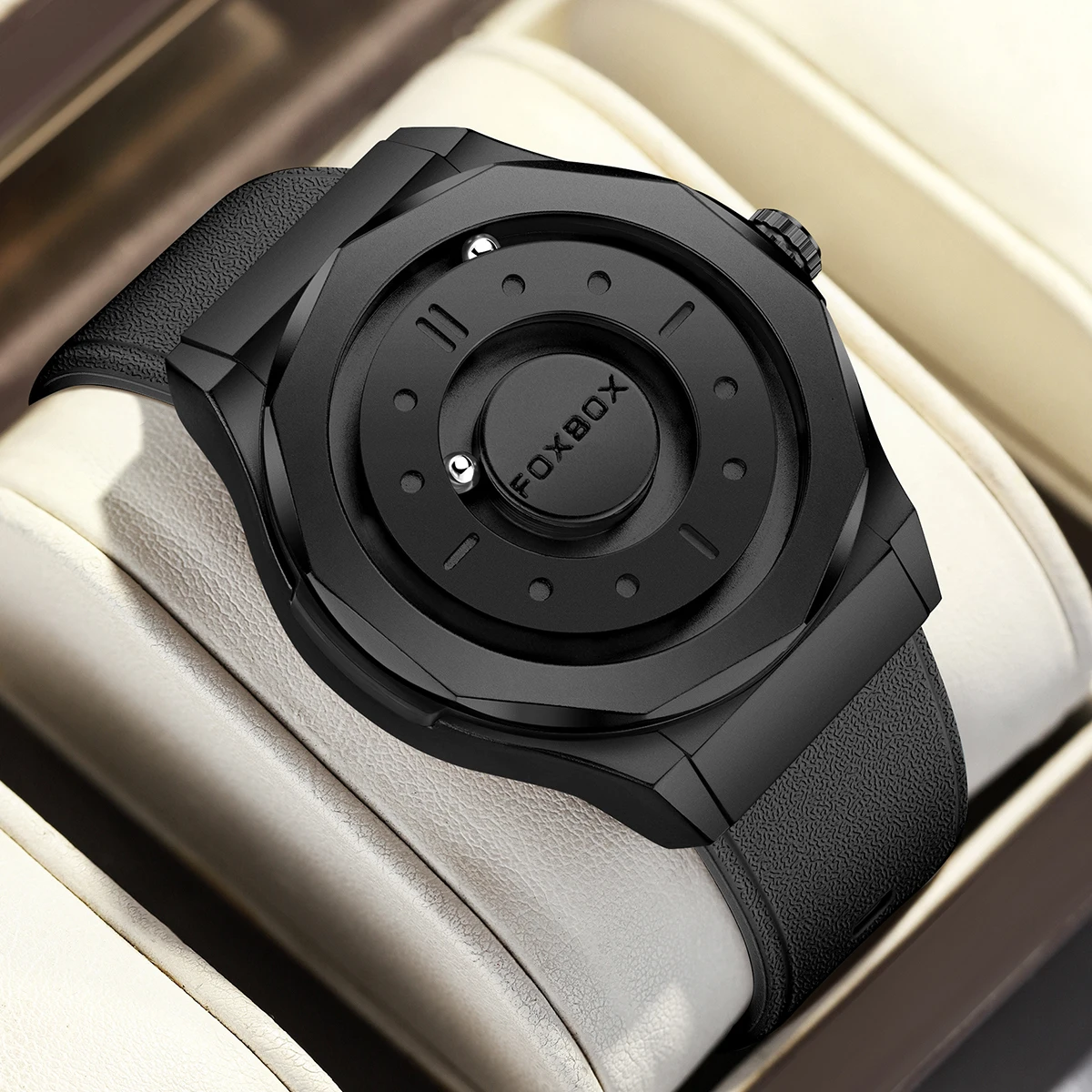 FOXBOX New Man Watches Rolling Pointer Magnetic Force Watch For Men Black Stainless Steel Sport Men Quartz Watches Reloj Hombre