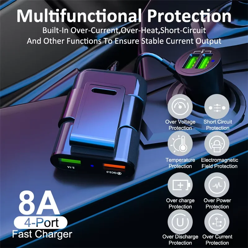 

4 Port USB C Car Charger QC3.0 5V8A Fast Charging Extension Cord Multi Port Phone Charger Adapter For Dash Cam Phone Universal