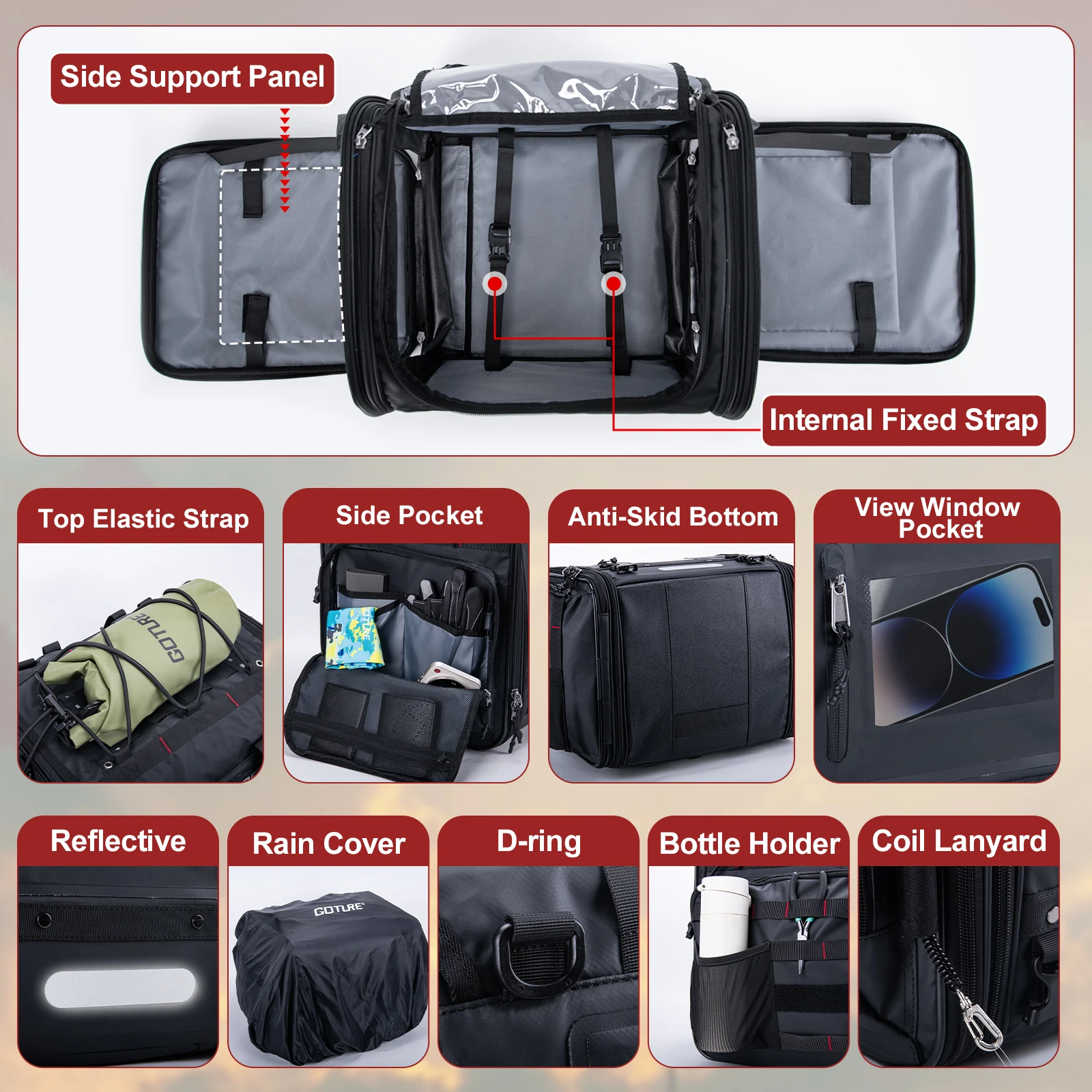 

Goture Waterproof Motorcycle Tail Luggage Bag, 50L-70L Expandable, a Rain Cover Included, Bag with 5 Rack Mount Straps