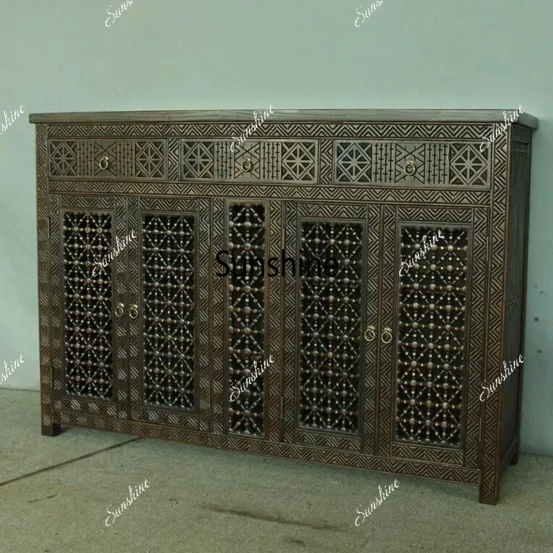 Living room minimalist side cabinet, furniture solid wood carving flower shoe cabinetTJ