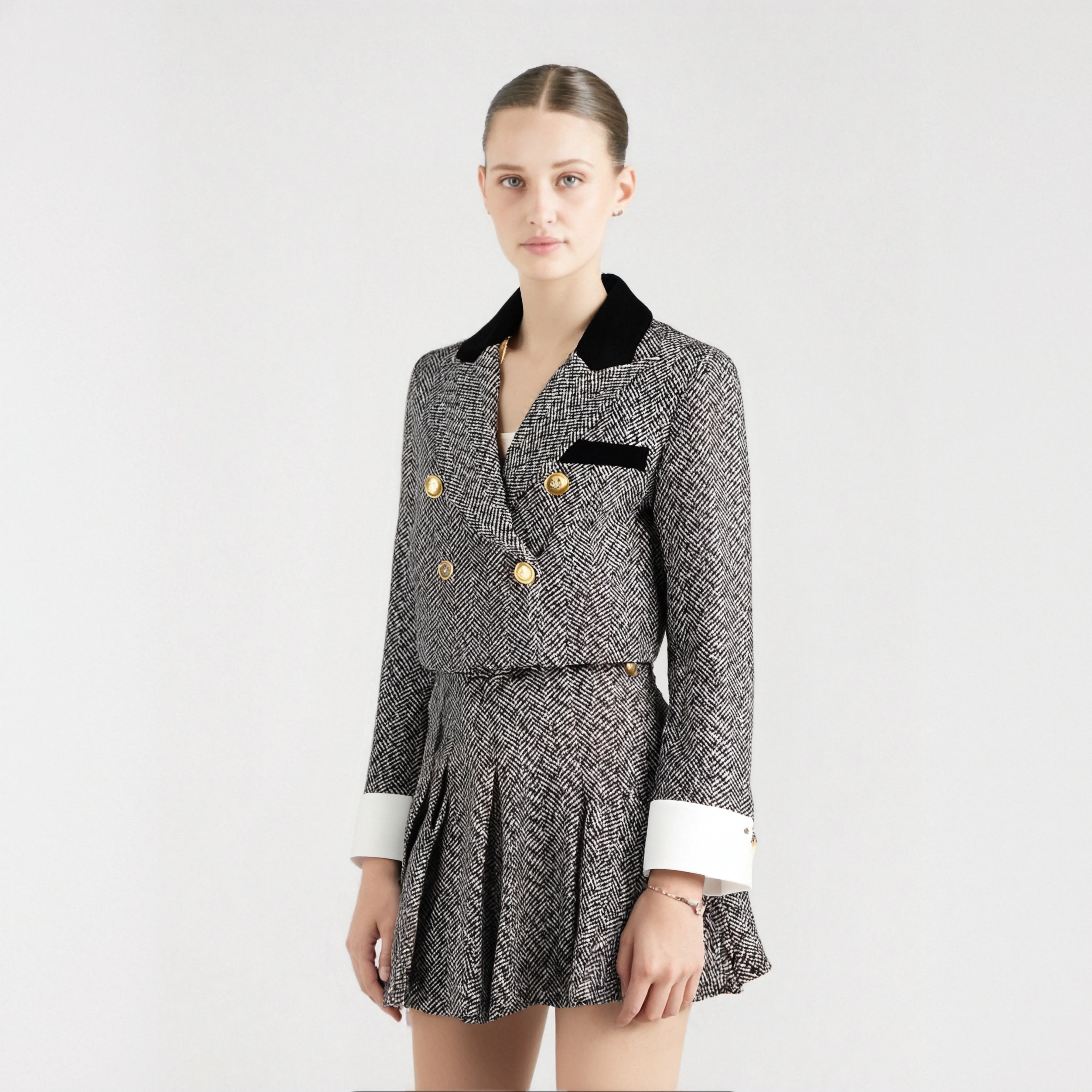 

Elegant Lapel Double Row Buckle Jacket And Half Skirt Two-Piece Set Composite Fashion Small Fragrant Style for Women