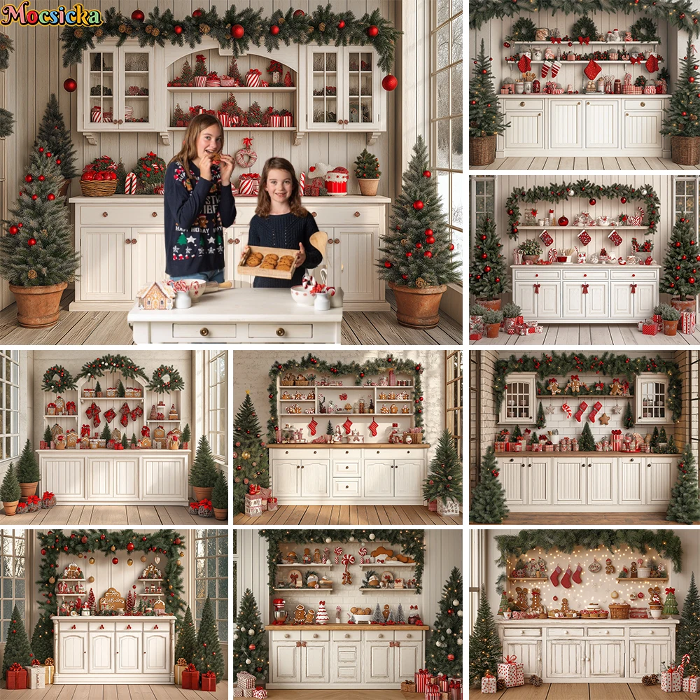 

Christmas Kitchen Background Photography White Wooden Cabinet Window Xmas Tree Wreath Backdrop Kids Family Portrait Photobooth