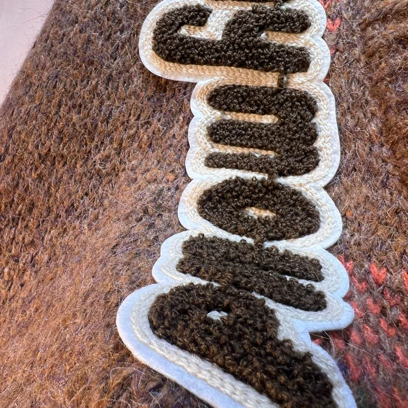 WTHT Fashion Women's Spliced Plush Badge Hole Knit Cardigan 2025 Winter Trendy V-neck Long Sleeves Sweater Female 1LS2771