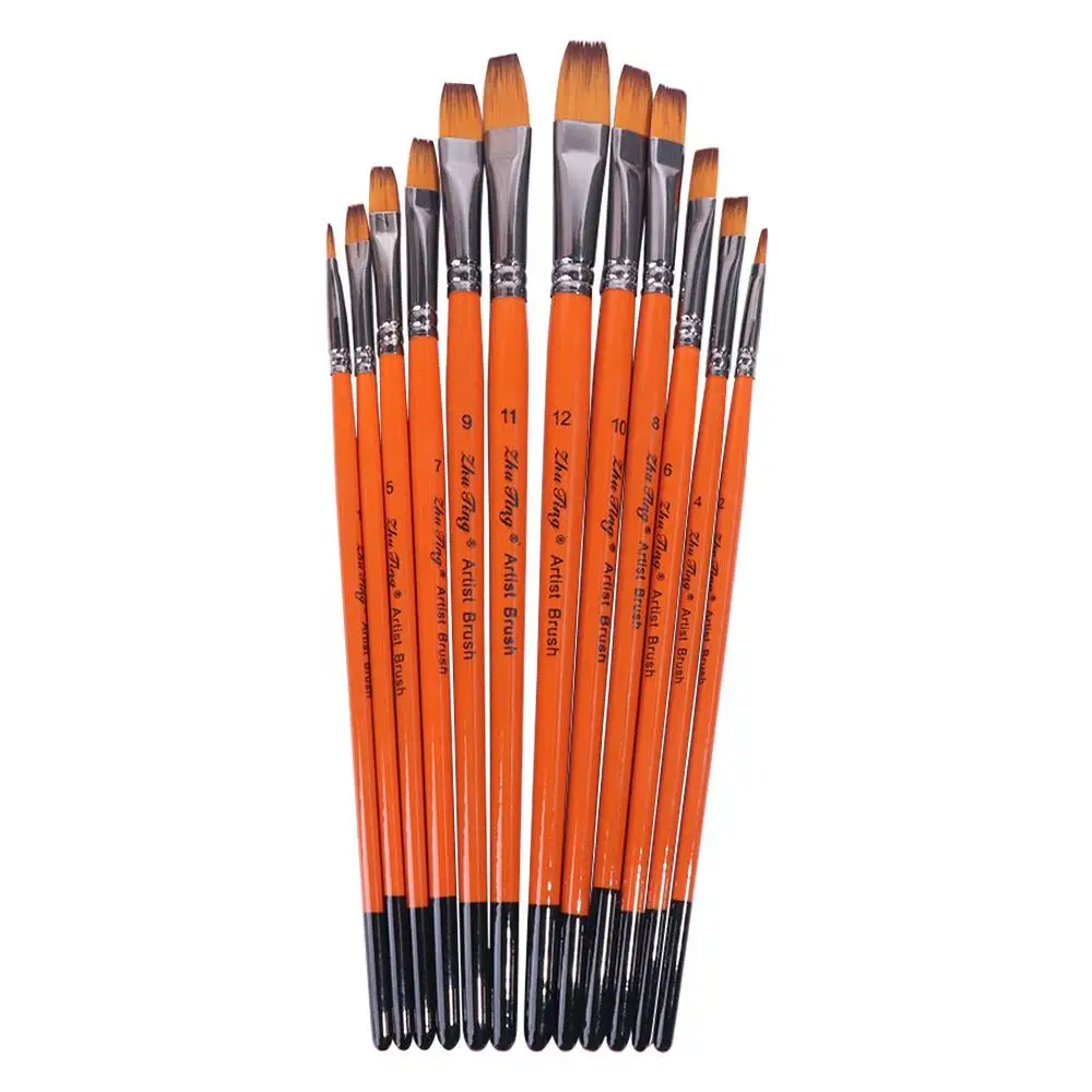 

12pcs/set Multifunctional Painting Brush Set Professional Nylon Watercolor Drawing Brushes Orange Wooden Handle