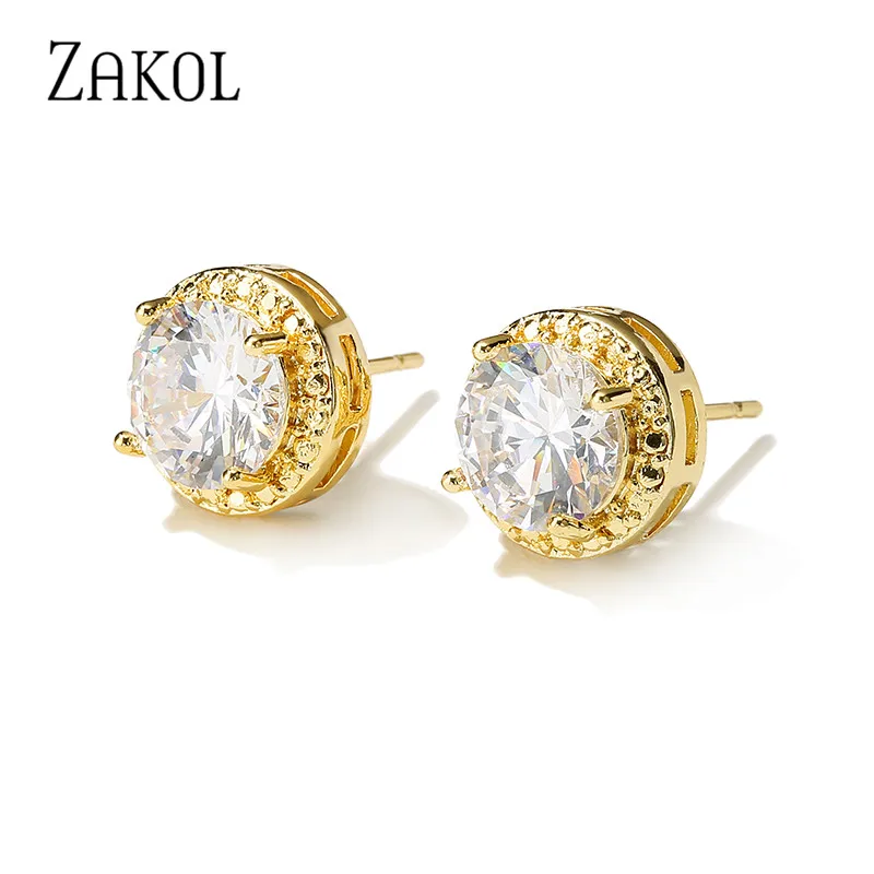 ZAKOL Elicate Small Round Stud Earrings Women with Shiny Cubic Zirconia Simple Versatile Accessories for Teens Fashion Jewelry