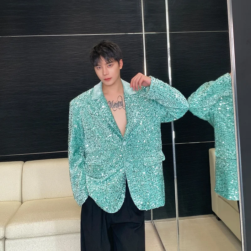 New Dazzling Sequins Blazer Jacket Men Padded Shoulder Velvet Collar Party Singer Stage Shiny Clothing Bright Suit Coat Male