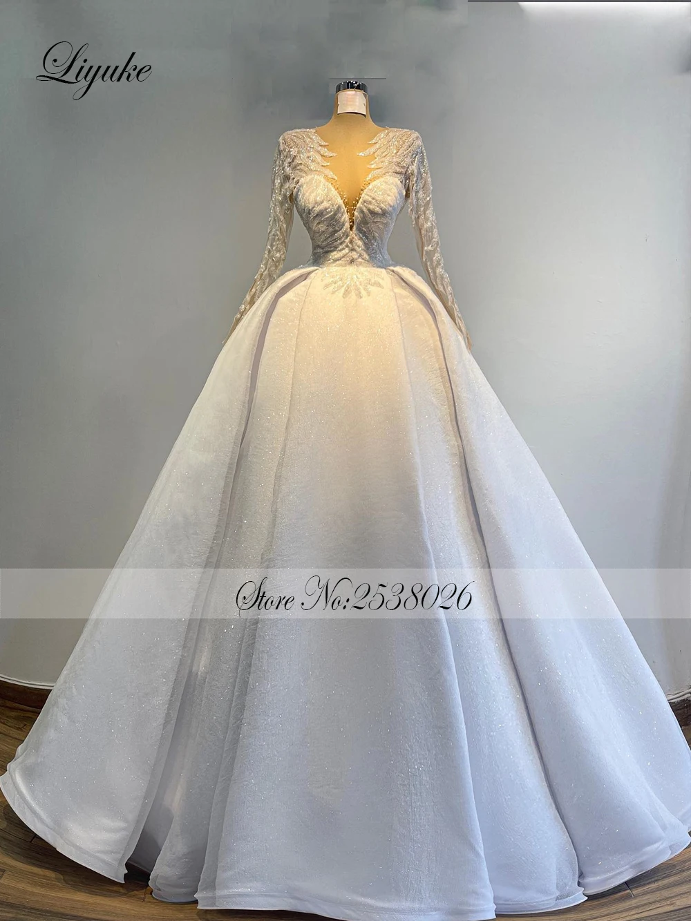 Liyuke Illusion V-Neck A-Line Wedding Dress Shiny Beading Pearl Lace Full Sleeves Elegant Bride Gowns