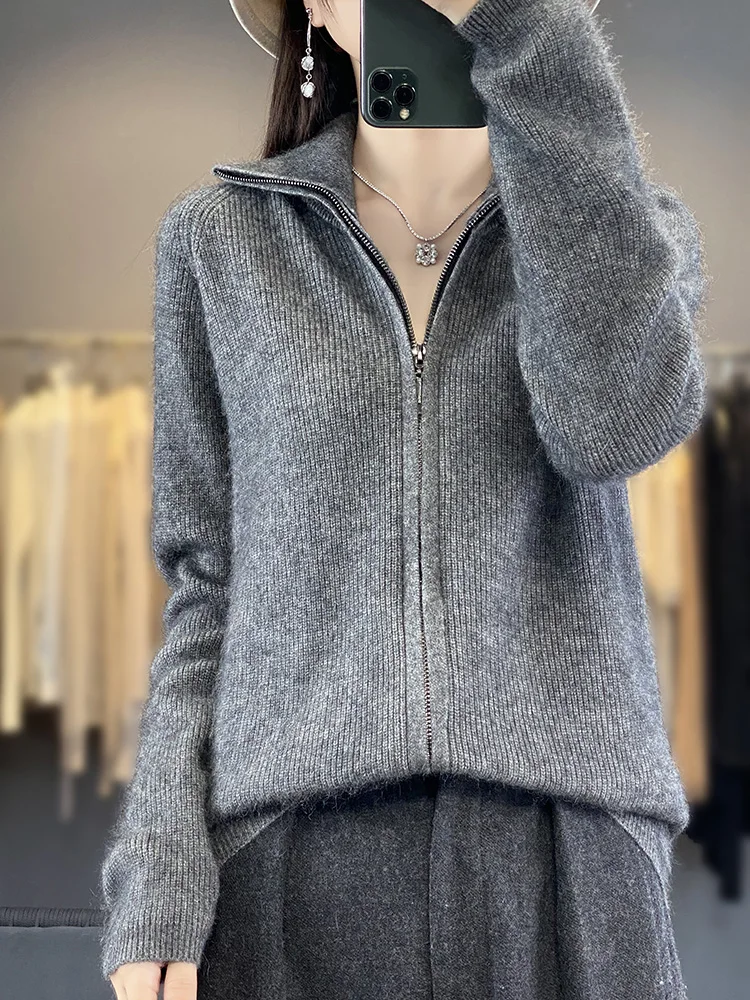 2024 Autumn Winter Women Mink Cashmere Sweaters Zipper Cardigan Thick Jacket Coat Long Sleeve Tops Female Knitwear Clothing