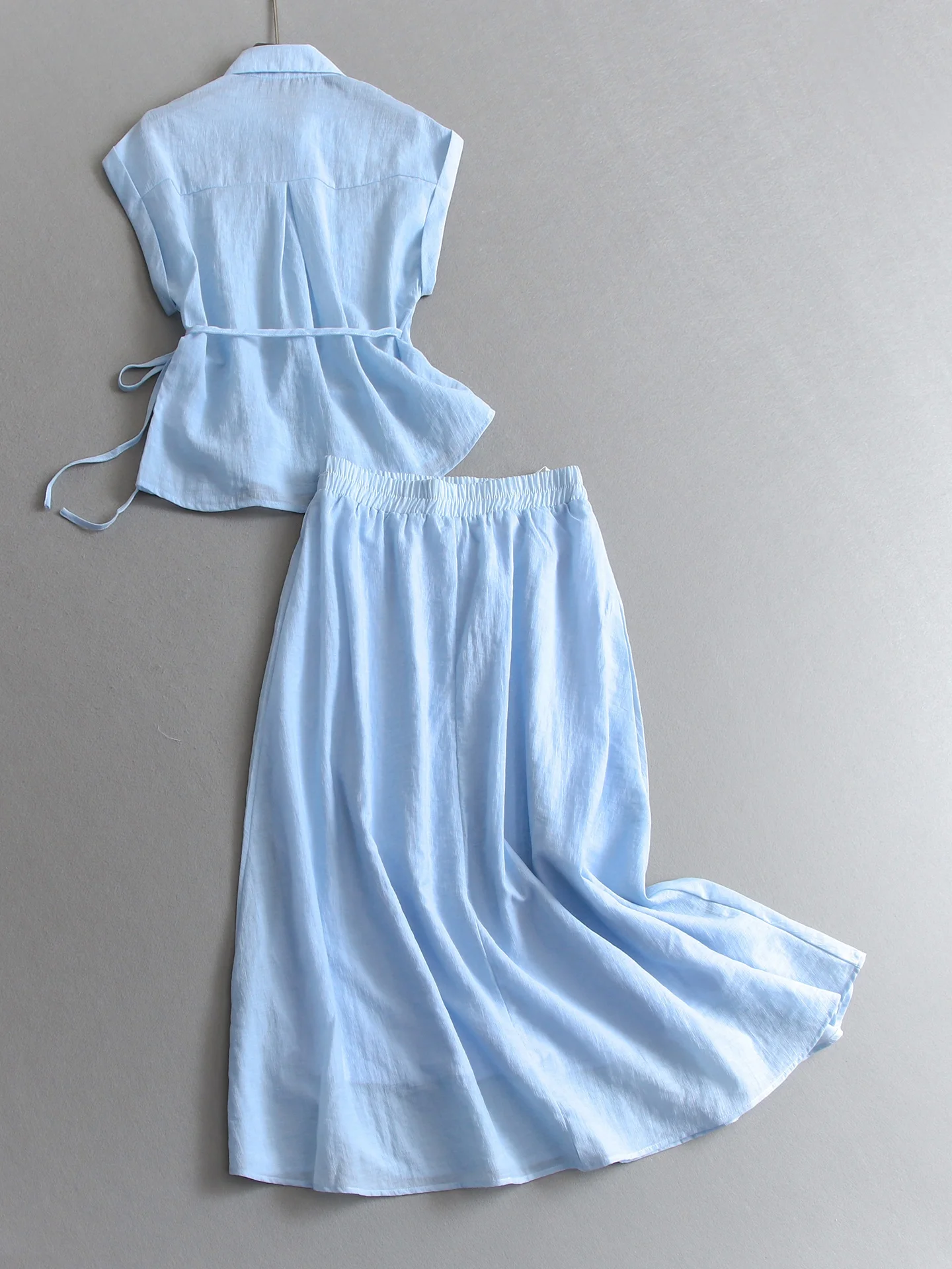 Pure Color Belted Short Sleeve Shirt Women's Fashion Set High Waist Skirt Breathable Summer Outfit Button up Casual Wear
