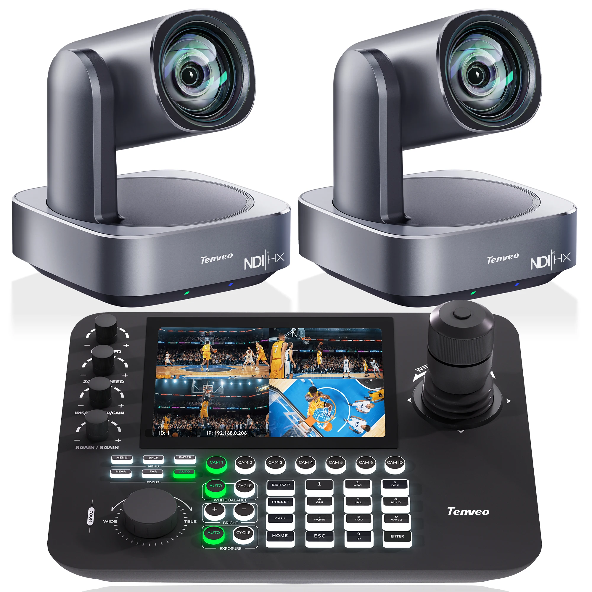 

Tenveo NDI PTZ Camera And Controller 2pcs VL12U 4K PTZ Confernece Camera 12X Zoom AI Auto Tracking+KB300PRO Joystick Controller