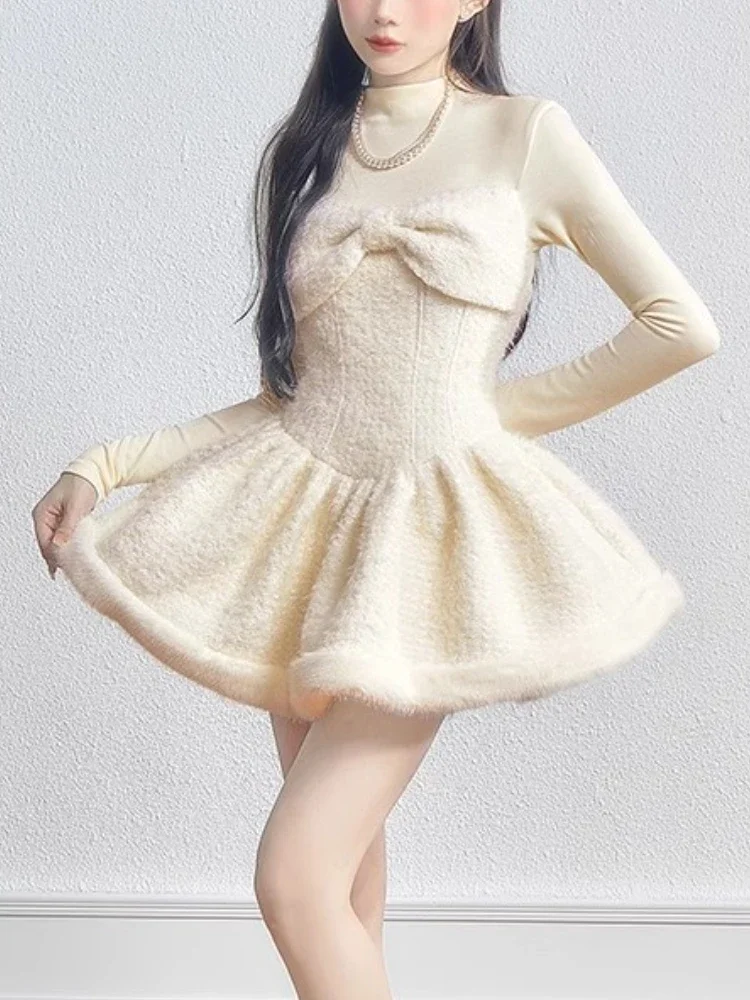 

Winter Kawaii Sweet Two Piece Set Women Korean Fashion High Street Y2k Dress Suit Female Short Fleece Coat + Bow Mini Dress 2024