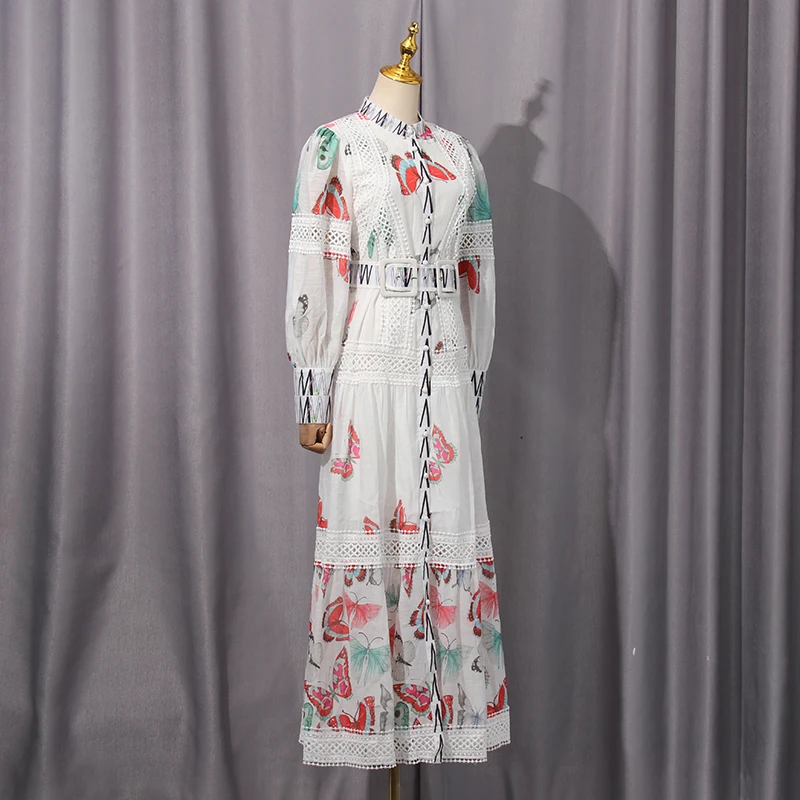 Kbq hit cor impressão emagrecimento maxi vestidos para mulheres gola lanterna manga cintura alta emendado faixas sheer vestido feminino novo