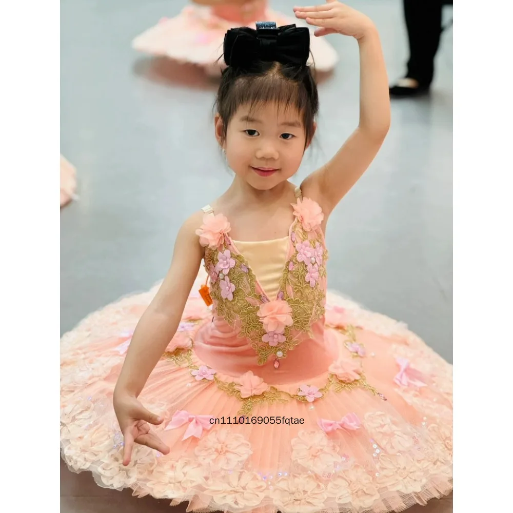 Girls Fairy Peach Tutu Skirt Professional Ballet Dance Dress Kids Performance Costume Stage Show Clothes For Dance Studio Recita - view 4