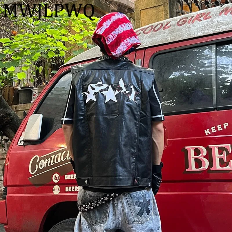

MWJLPWQ Rivet For Men Leather Vest Niche Street Style Spliced Design Lapel Single Breasted Trend Tops 2025 Autumn New 12441