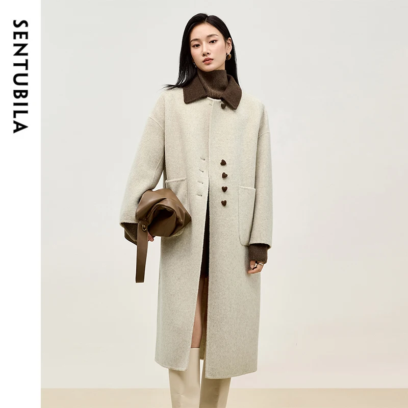 SENTUBILA Spliced Long Wool Coat Women 2026 Winter Overcoat Double Sided Single Breasted Warm Outerwear Ladies Clothes W44O56043