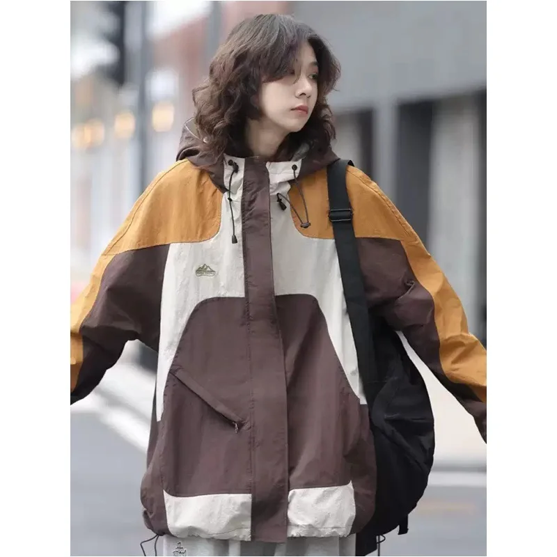 Punching Jacket Couple Spring Autumn New Patchwork Color Mountaineering Suit Casual Sweatshirt Hooded Zipper Lacing Coats