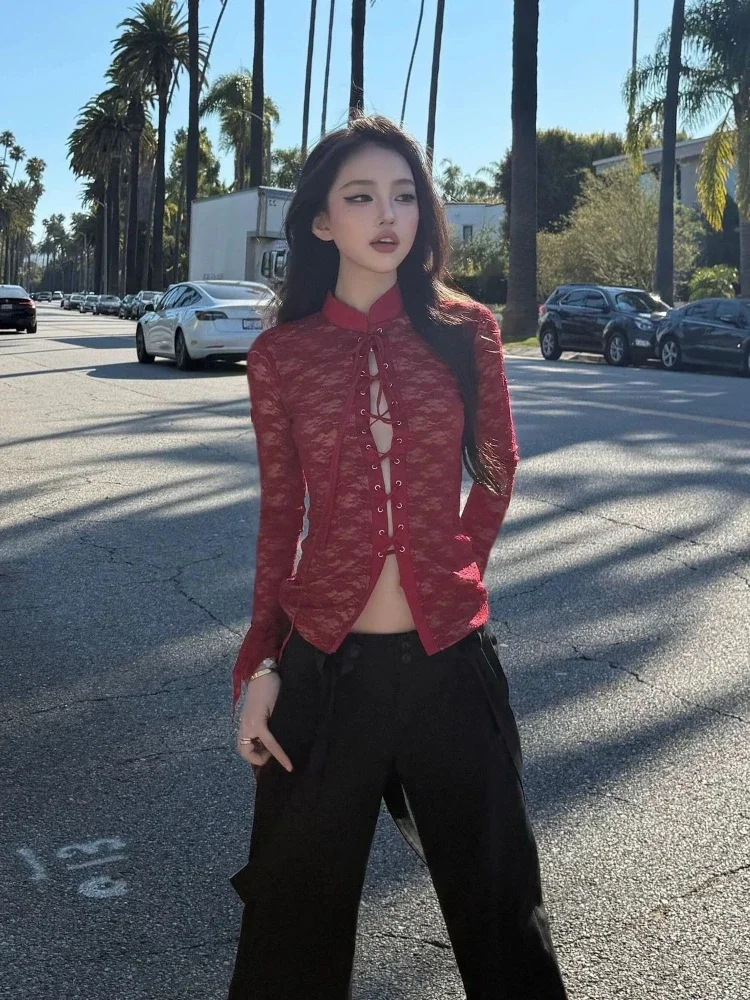 Y2K 감성 레이스 자카드 여성 블라우스 스트리트웨어 섹시한 홀로우 아웃 밴디지 그런지 셔츠 하라주쿠 시스루 빈티지 블루사