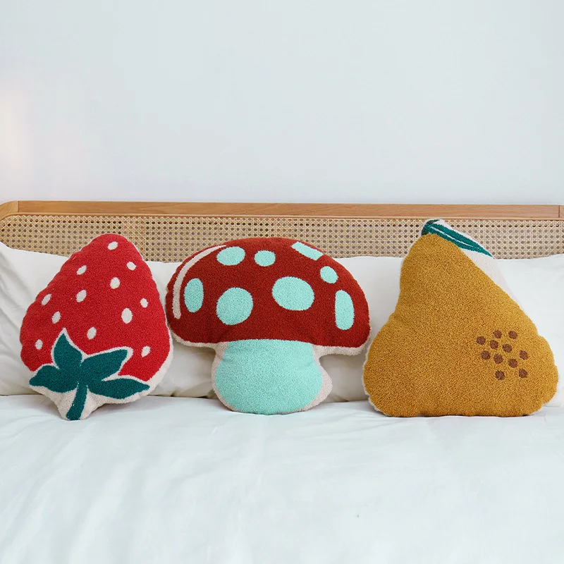 

Bubble Kiss Plush Cartoon Strawberry Cushion Nordic Stuffed Soft Pillow for Sofa Mushroom Handmade Office Chair Wool Cushion