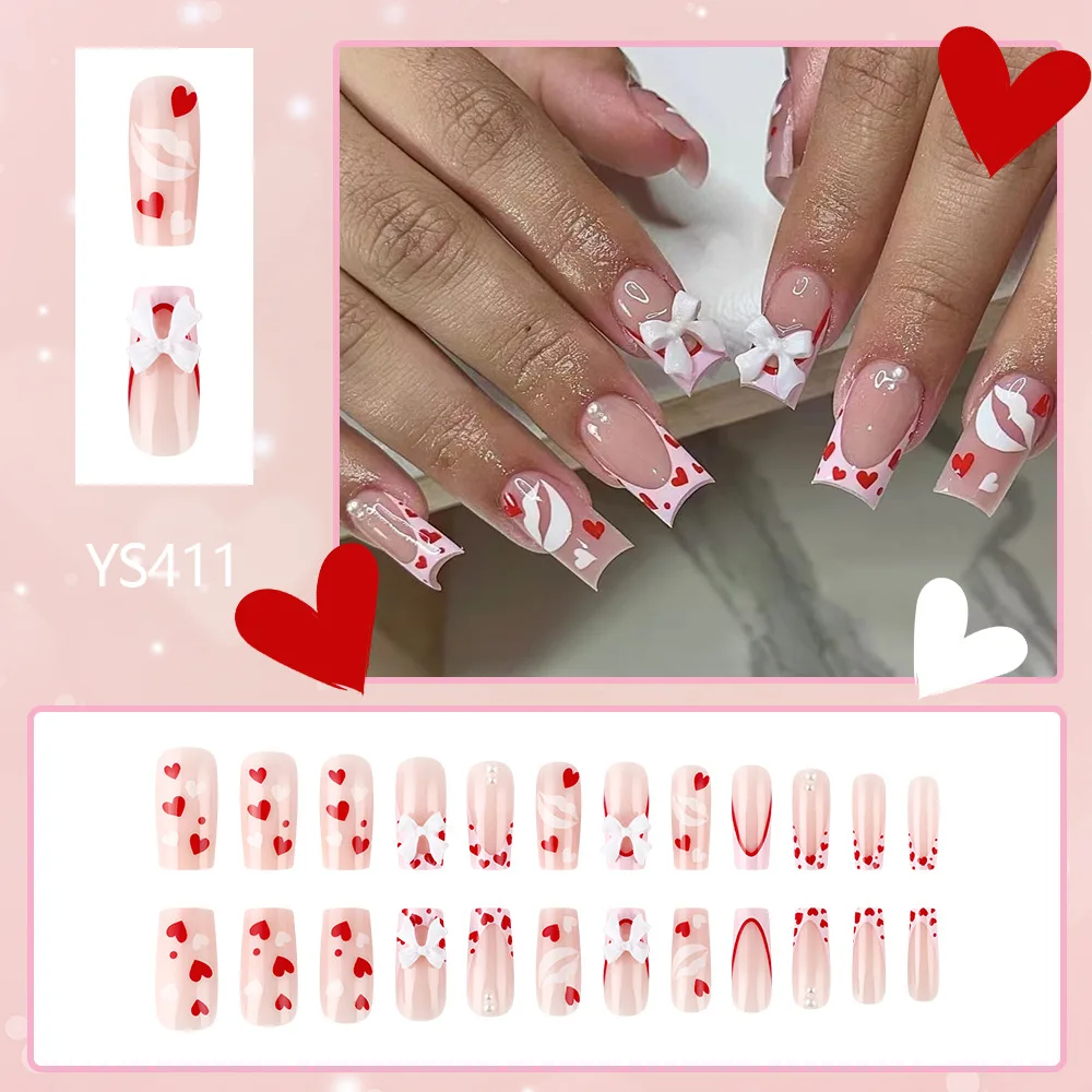 24pcs White Bow Press on Nails Ins French Red Heart Lip Print False Nails Women Lady Wearable Valentine's Day Gift Fake Nails