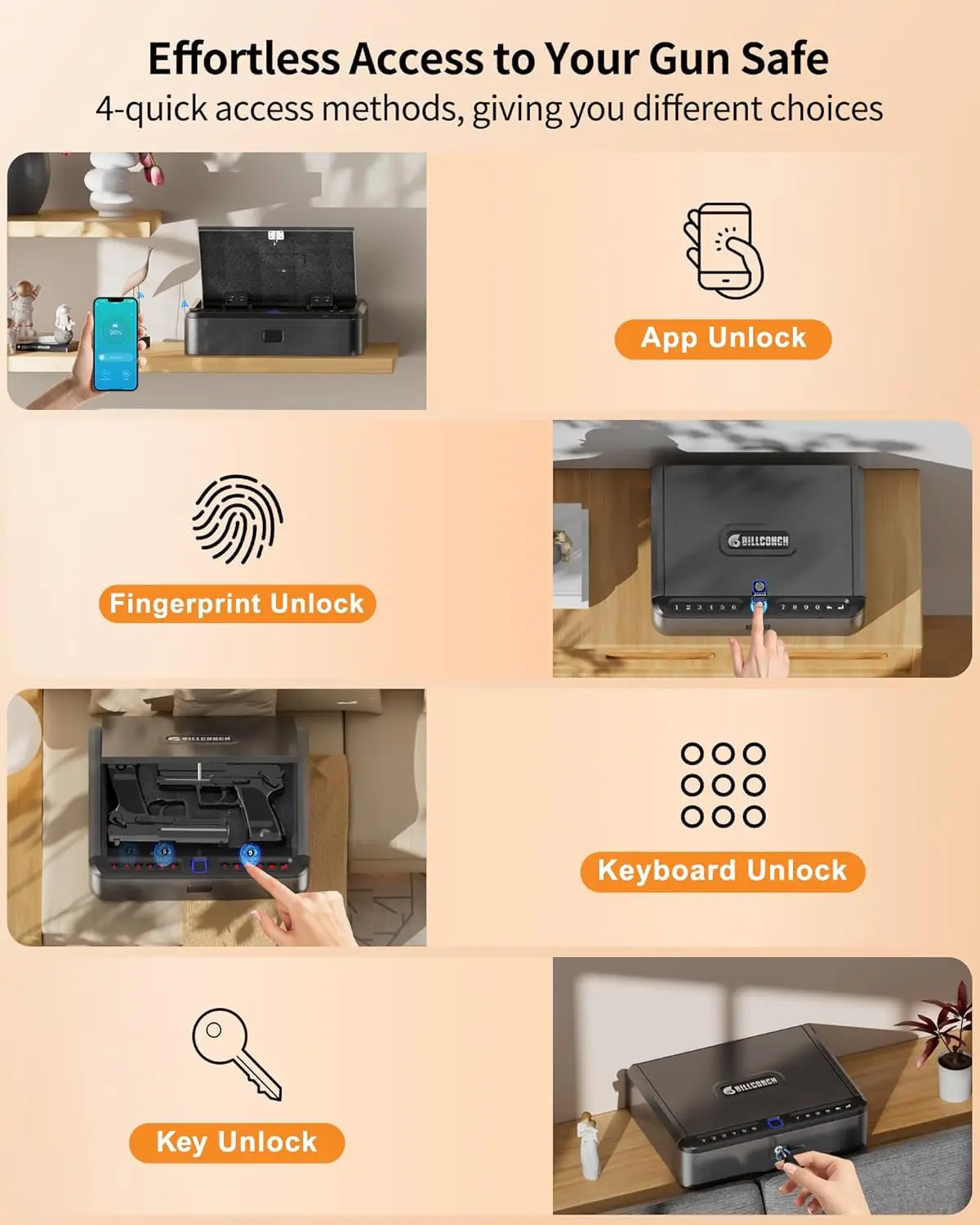 Smart Gun Safe with Security Cable - 4 Ways Quick Access with Fingerprint/PIN/Key/App Lock
