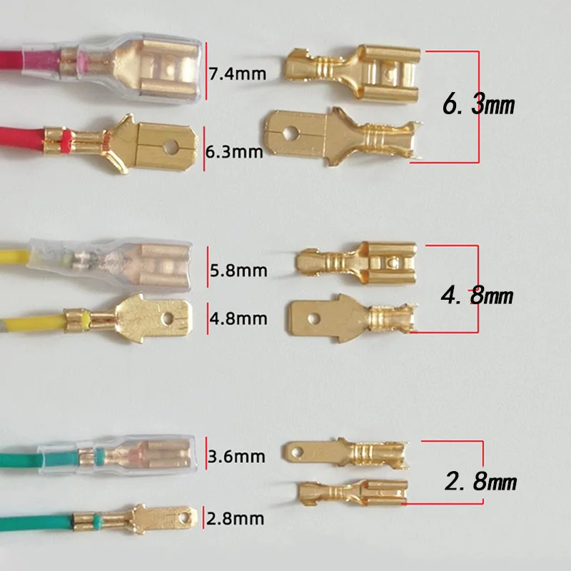 200Pcs Copper Female and Male Crimp Terminal Connectors Aautomotive Speaker Cable Flag Connector 2.8/ 4.8/ 6.3mm With Sheathing