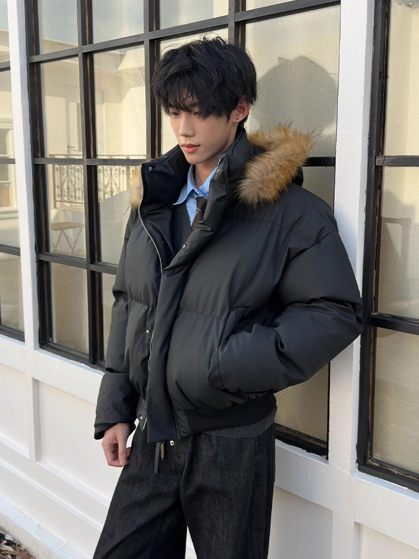 

Re American Sle Men's PU Leather down Cotton Jaet Removable Fur Collar High-End Bread Sle Warmth Outerwear Coat