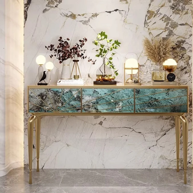 Italian light luxury living room entrance table stainless steel green luxury stone entrance table senior designer