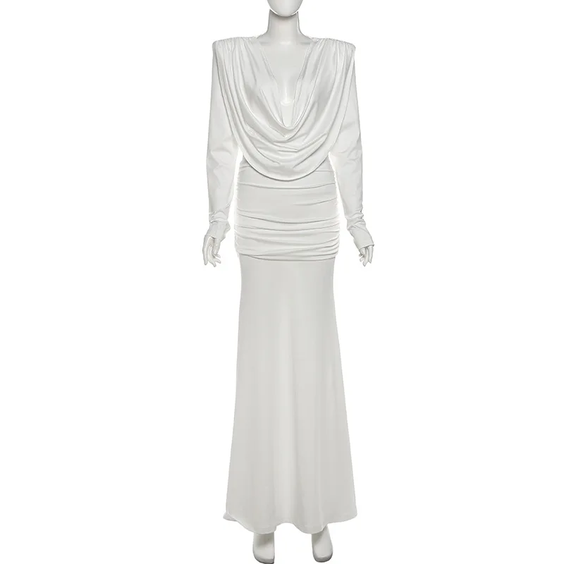 Backless Ruched Bodycon Maxi Dress Women Elegant Sexy Swinging Collar Full Sleeve Slim Evening Gown Birthday Party Long Robe