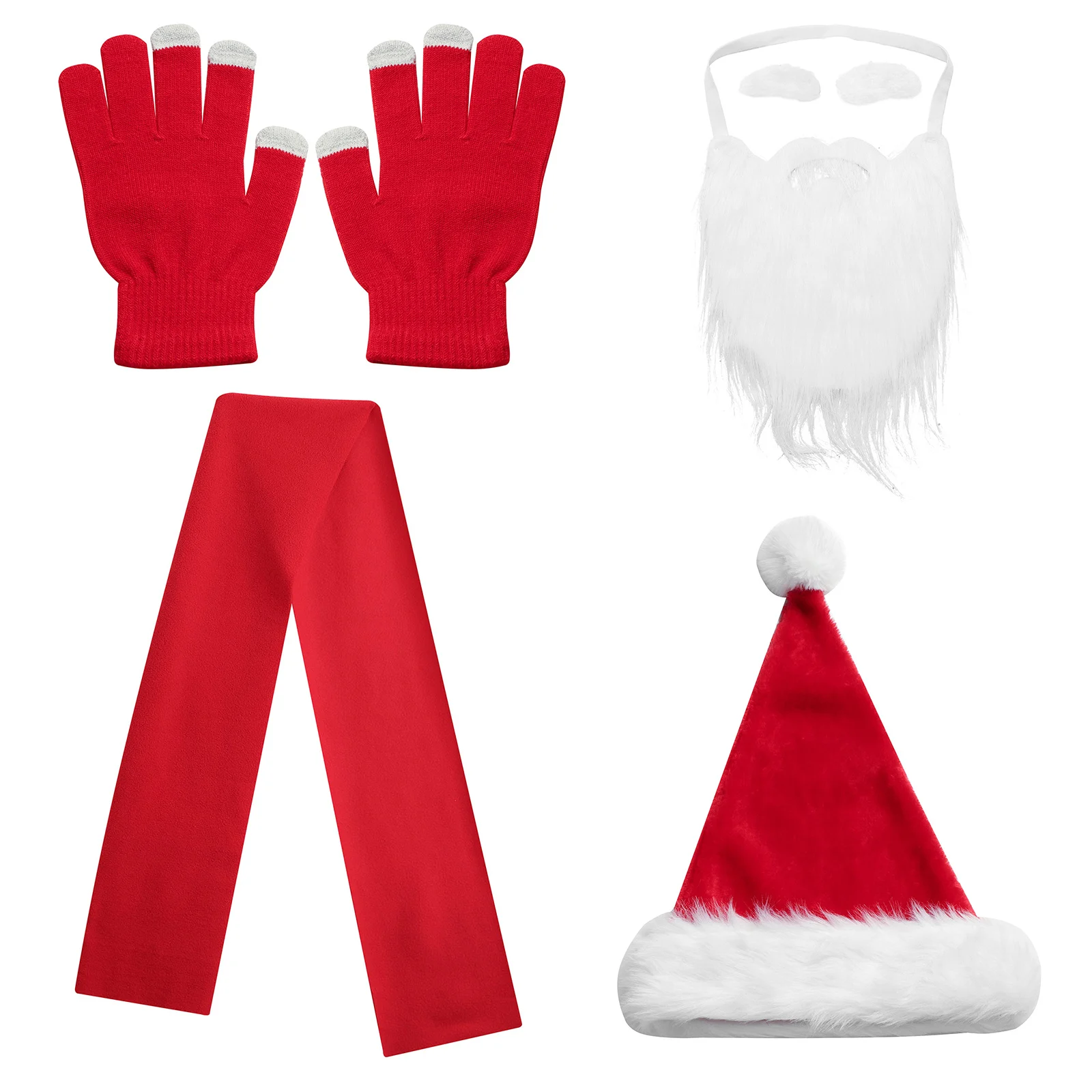 Children Christmas Santa Claus Hat White Eyebrows and Beard Gloves Scarf 5pcs Xmas Costume for Dress-Up Party Cosplay Accessorie