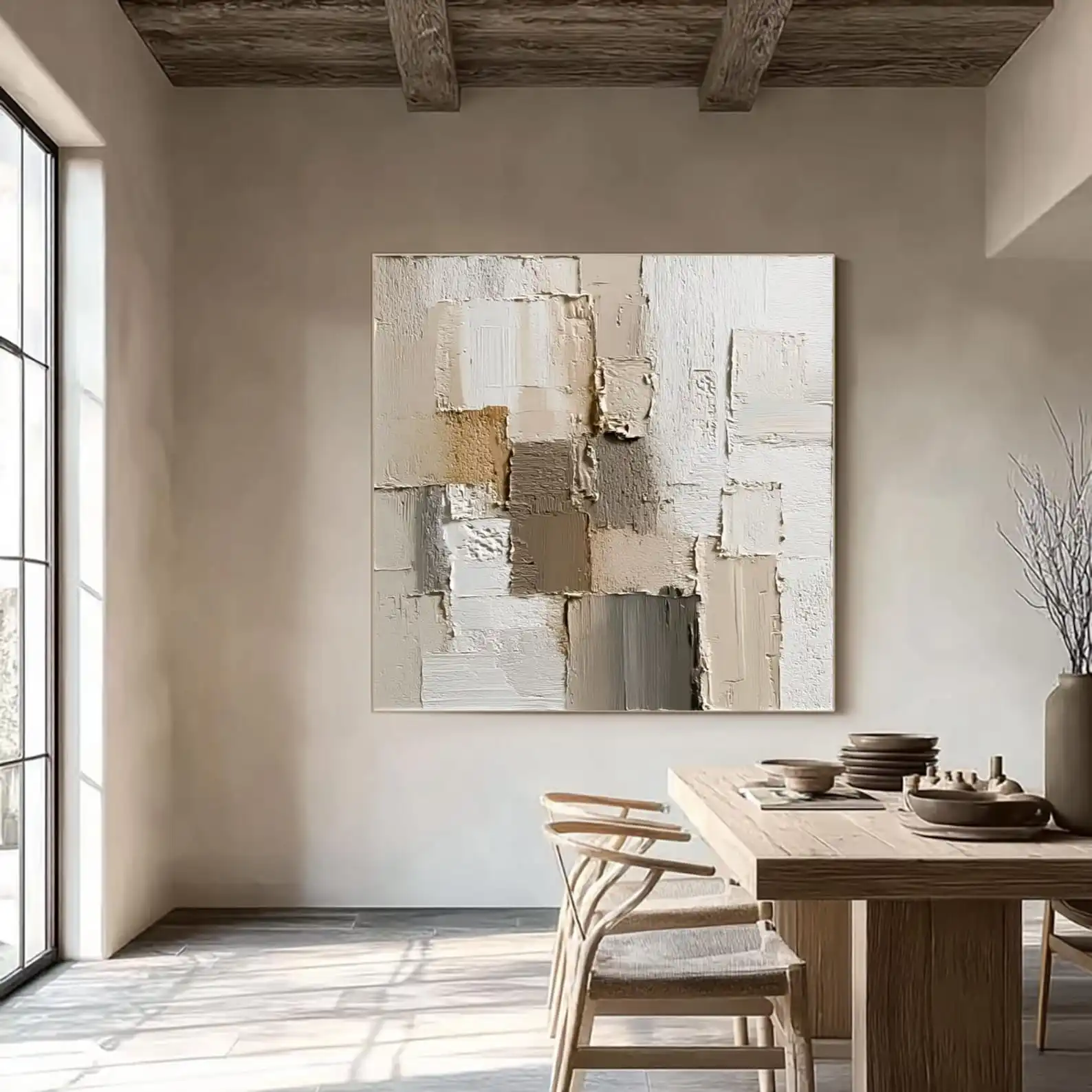 Mhemyo Beige Brown Textured Hand Painted Painting Neutral Abstract Wall Art Large Modern Canvas Minimalist Wabi Sabi Home Decor