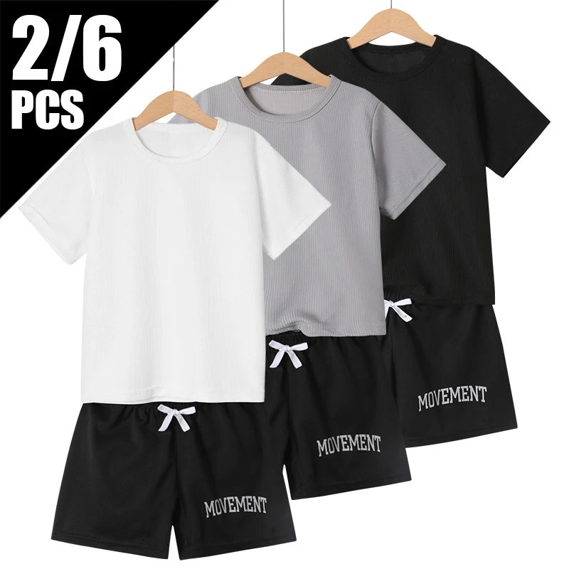 

Летний детский однотонный костюм для отдыха, 6/3/2 шт., модные вафельные удобные черные шорты с короткими рукавами для мальчиков и девочек