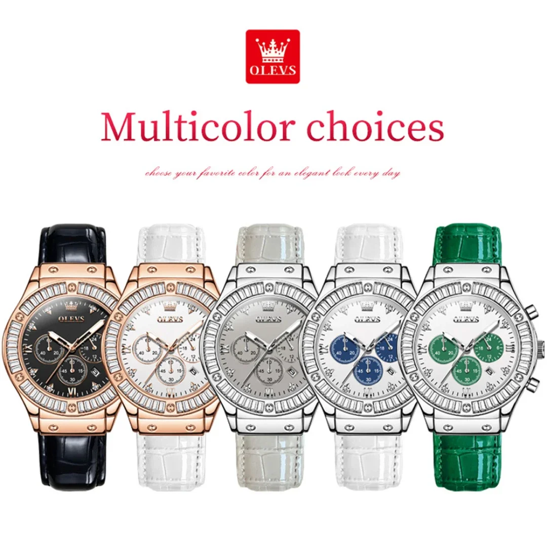OLEVS-reloj de cuarzo con correa de cuero genuino, cronógrafo con esfera redonda y calendario, a la moda, 9978