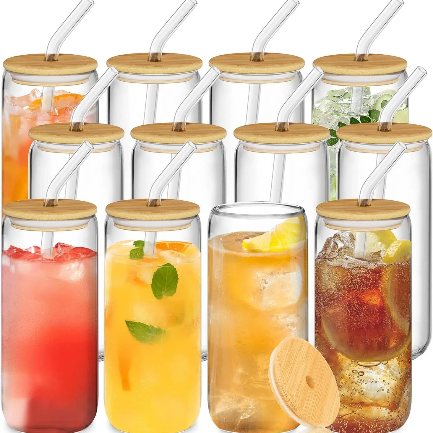1-2pcS Glass Cups with Bamboo Lids and Straw 500ml Mason Jars Coffee Mug Beer Can Shaped for Cocktail Whiskey Milk Juice Cola