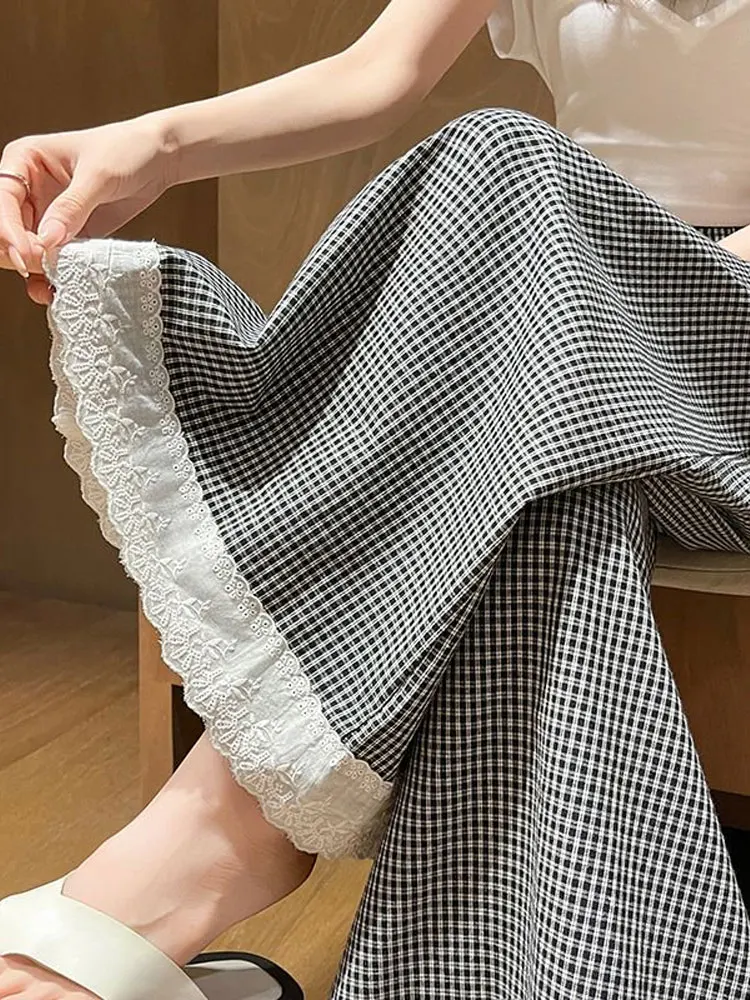 Spodnie damskie z wysokim stanem i szerokimi nogawkami, letnie spodnie-spódnica w stylu lazy, luźne, codzienne spodnie o długości 7/8 z prostymi nogawkami, z koronkowym wykończeniem, w kratę.