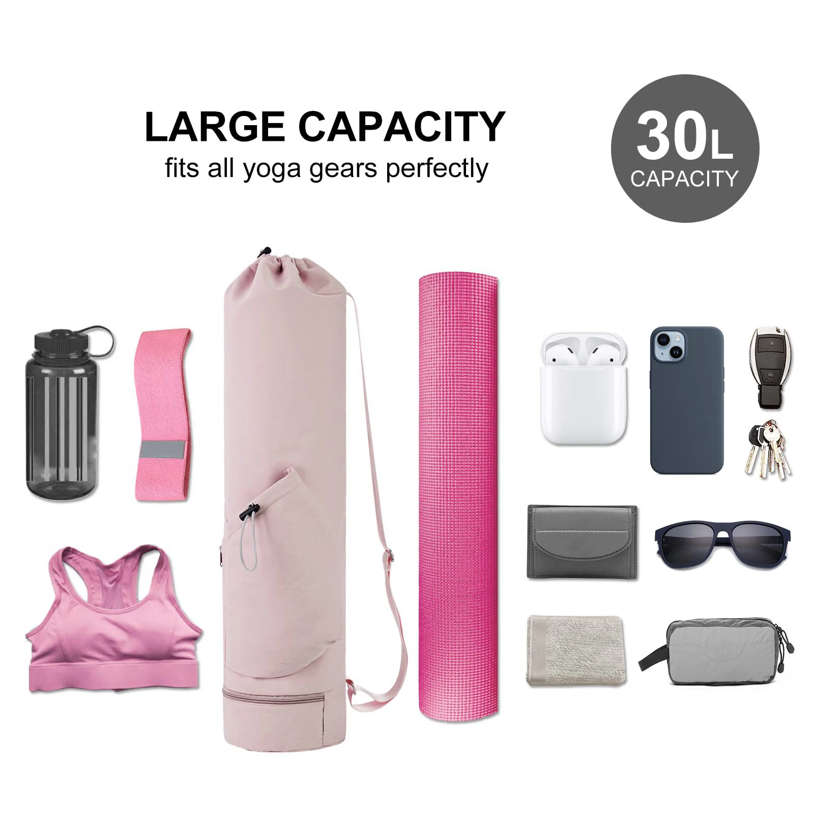 Yoga mat bag with water bottle pocket and bottom wet bag. Sports yoga mat with shoulder strap and multifunctional storage bag