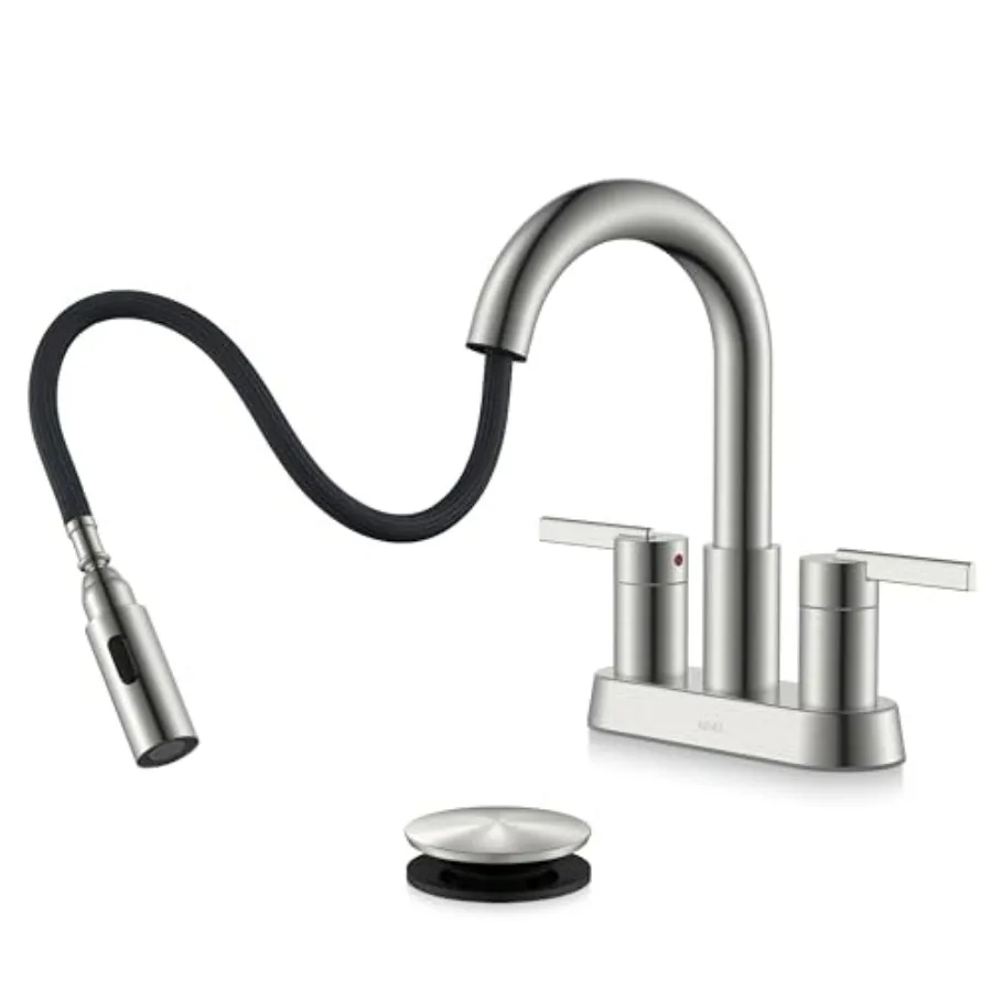 

Bathroom sink faucet with brushed nickel finish 4-inch centerset 2-handle 3-hole design pull-down sprayer pop-up drain and supp