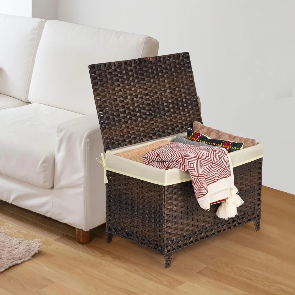 

Wicker Storage Basket with Lid,Rattan Shelf Basket with Removable Liner Bag Storage Bin,Storage Trunk with Heightened Feet,