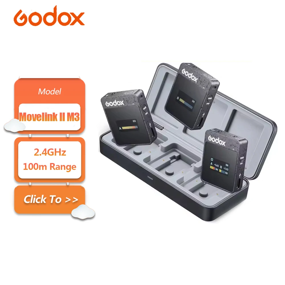 Godox MoveLink II M3 2.4GHz Wireless Microphone System with Back-clip Built-in Mic for Photography Interviewing Vlogging