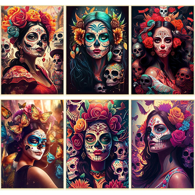 Day of The Dead Flowers and Beauty Skull Posters and Prints Mexican Woman Canvas Painting Abstract Picture Wall Art Decoration