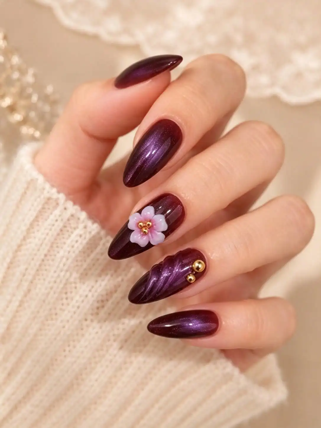 24pcs/Set Press On Nails, Almond Dark Purple Cat Eye Nails With 3D Sculpture & Gold Pearl Charm, Glossy Luxury Nail Set, Cute Y2K Goth Style Fake Nails For Night Out, Party, Halloween, Fall Date, Clubbing, Women Fashion Nail Art Reusable Nail Tips.